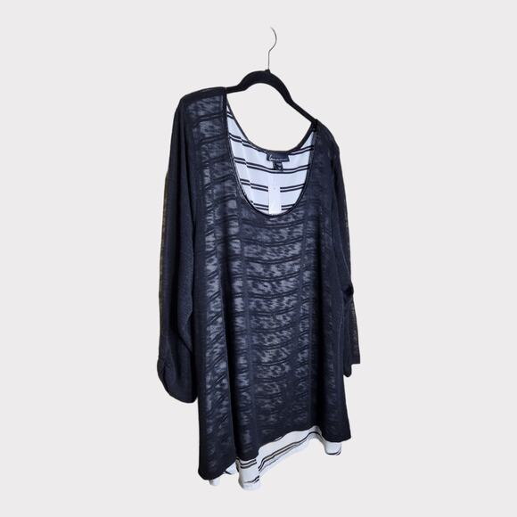 NEW Lane Bryant Plus 26/28 Black Sheer Overlay Tunic Blouse White Stripe Base - Picture 2 of 8